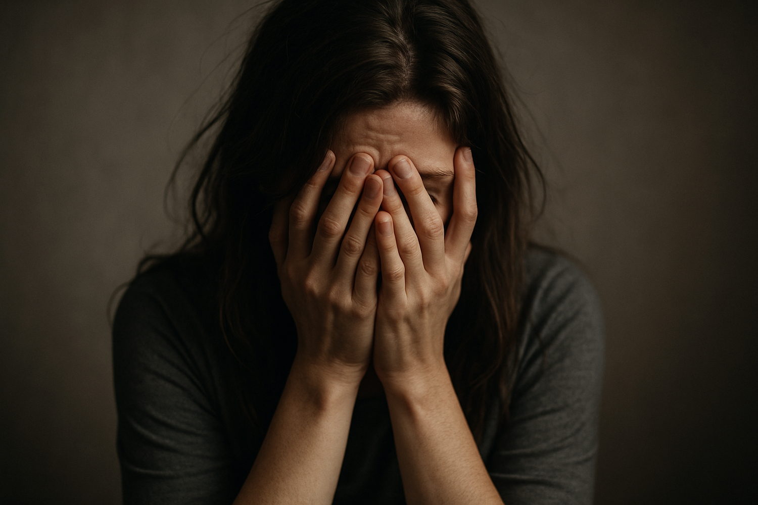 haz una mujer tapandose la cara en señal de estar perdida y angustiada